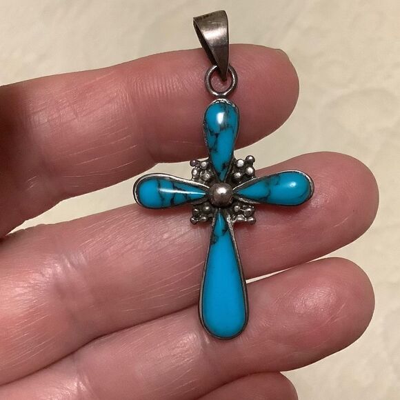 𝅺sterling SILVER 925 TURQUOISE INLAID LARGE CROSS​ - Picture 2 of 8